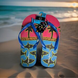 Maui and Sons Men Pink & Blue Shark Palm Flip Flops